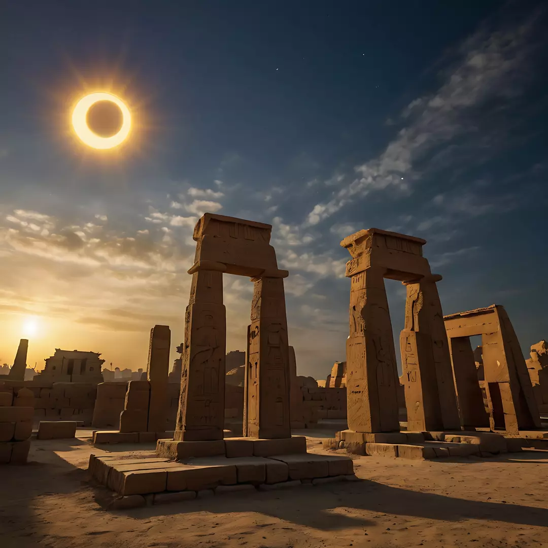Éclipse solaire observée au-dessus des ruines antiques du temple de Karnak à Louxor, en Égypte, au crépuscule. © katyae - stock.adobe.com
